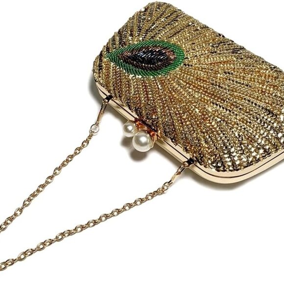 Women Vintage Beaded Sequin Clutch Purse Sparkly 1920s Peacock Evening Bag Luxur - Picture 4 of 6